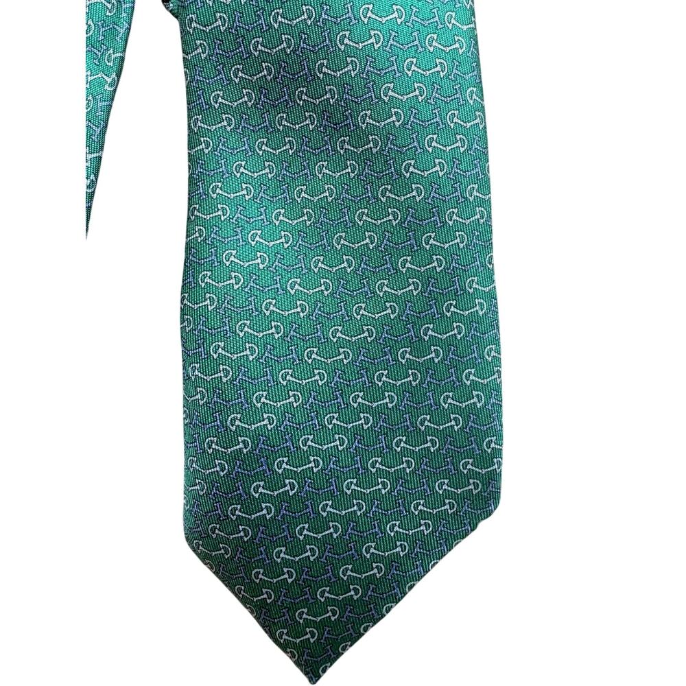 Hermès Paris Green Silk Tie Equestrian Bit Print 100% Silk